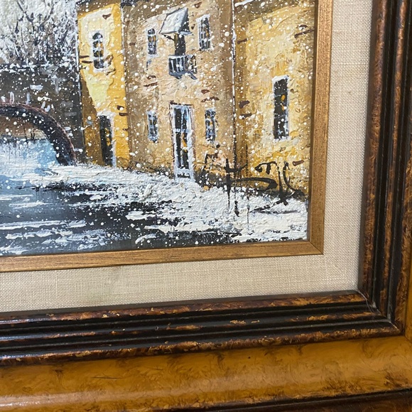 VTG Original Artist Signed Textured Oil on Canvas Painting “Winter City “ - Picture 6 of 9